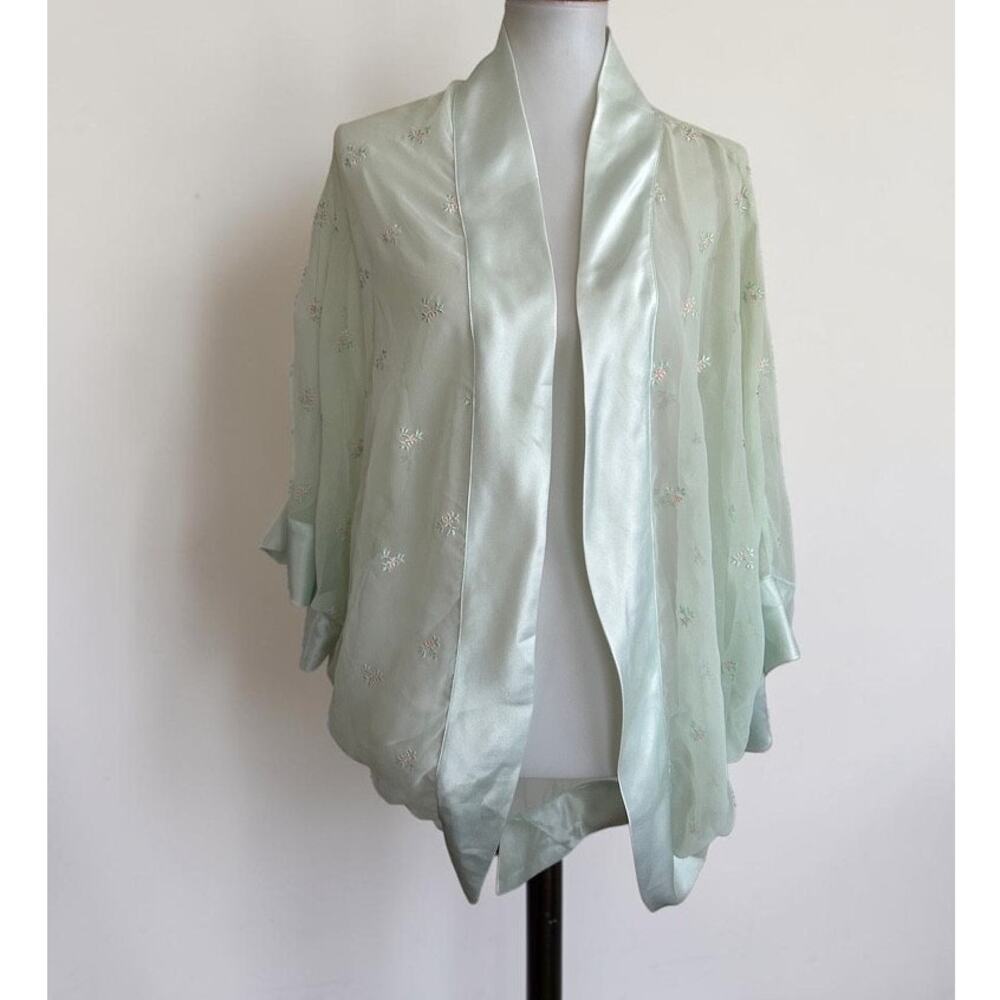 Vintage 70s 80s Mint Green Embroidered Organza Boudoir Bed Jacket Batwing Sleeve